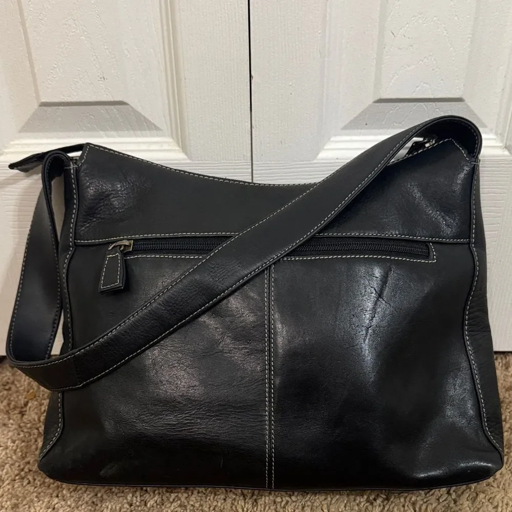 Naturalizer Soft Black Leather Shoulder Bag Contrasting Stitch Organizing Pocket